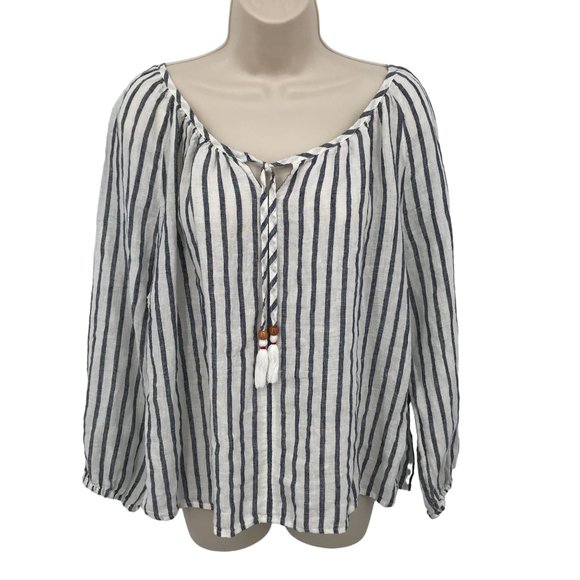 Cynthia Rowley Tops - Cynthia Rowley Womens 100% Linen Striped Long Sleeve Peasant Blouse Size L